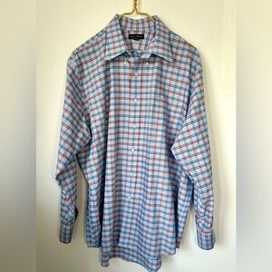 Vintage Lands’ End Blue Plaid 100% Cotton Long Sleeve Button Up Shirt Mens 17/34